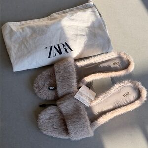 Zara Plush Faux-Fur Slide Sandals in Light Taupe